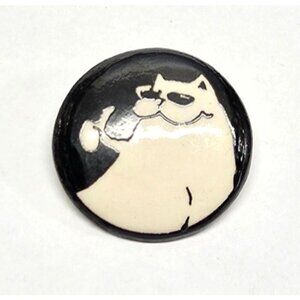 Vintage Handmade Ceramic Cool Cat Kitty Pin Brooch With Black White Round Retro